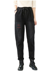 French Black Bestickte Patchwork-Denimhose Winter