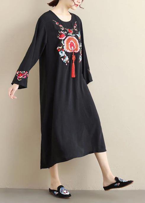 French Black Embroidery Quilting Dresses O Neck Tassel Kaftan Spring Dress - bagstylebliss