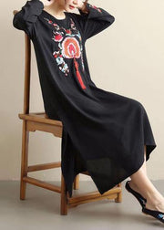French Black Embroidery Quilting Dresses O Neck Tassel Kaftan Spring Dress - bagstylebliss