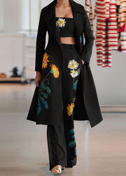 French Black Floral Print Chiffon Cinch Trench Coats And Pants Three Piece Set Spring