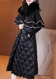 French Black Fur Collar Tie Waist Duck Down Cape Coat Winter