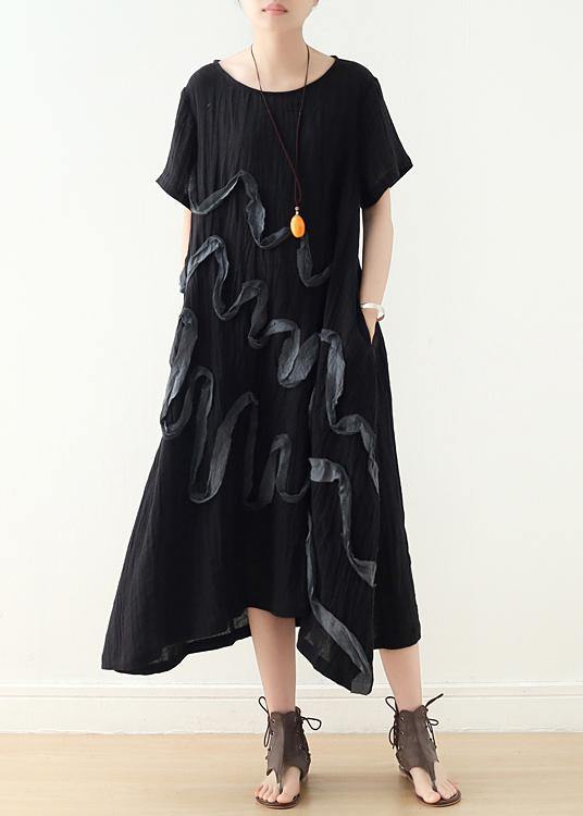 French Black Loose Linen Summer Dresses - bagstylebliss