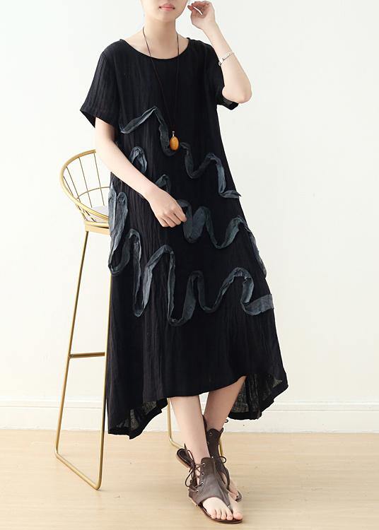 French Black Loose Linen Summer Dresses - bagstylebliss