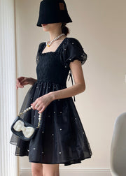 French Black Nail Bead Lace Up Tulle Mid Dress Puff Sleeve