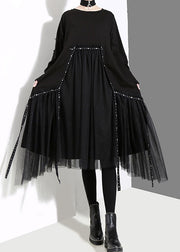 French Black O-Neck Asymmetrische Tüll Patchwork Lange Kleider Frühling