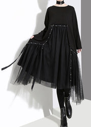 French Black O-Neck Asymmetrical Tulle Patchwork Long Dresses Spring