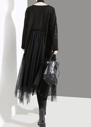 French Black O-Neck Asymmetrical Tulle Patchwork Long Dresses Spring