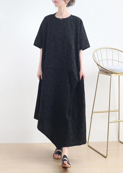 French Black O-Neck Cinched Long Summer Linen Dress - bagstylebliss