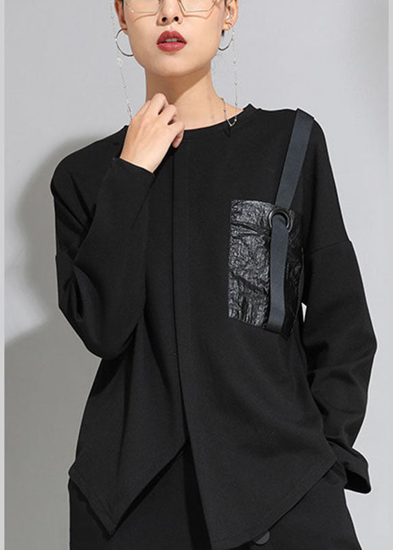 French Black O-Neck Pockets Asymmetrical Casual Fall Long sleeve Tops