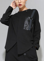 French Black O-Neck Pockets Asymmetrische Casual Herbst Langarmshirts