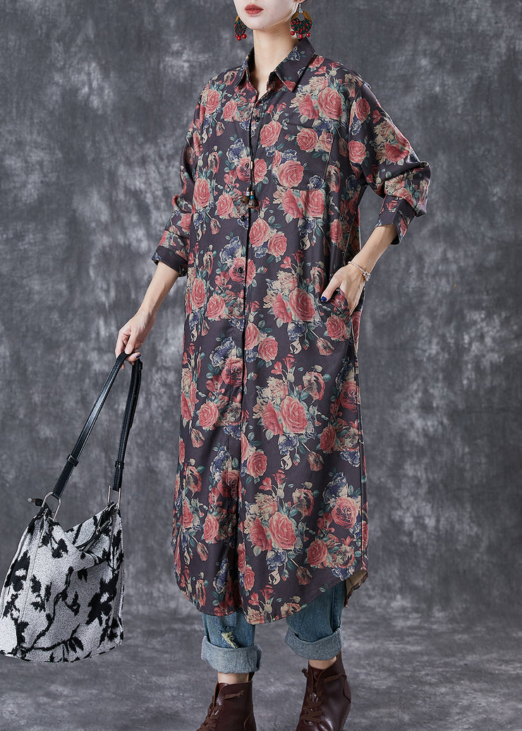 French Black Oversized Rose Print Cotton Shirt Dresses Fall