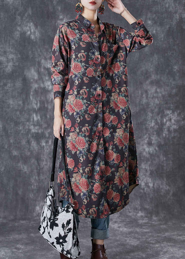 French Black Oversized Rose Print Cotton Shirt Dresses Fall