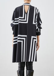 French Black Oversized Striped Cotton Long Shirt Fall