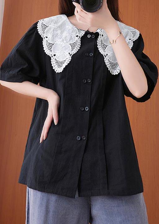 French Black Patchwork Lace Cotton Linen Shirt Top Summer - bagstylebliss