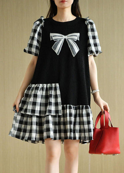 French Black Patchwork Plaid Summer Puff Sleeve Dresses - bagstylebliss