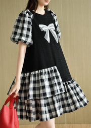 French Black Patchwork Plaid Summer Puff Sleeve Dresses - bagstylebliss