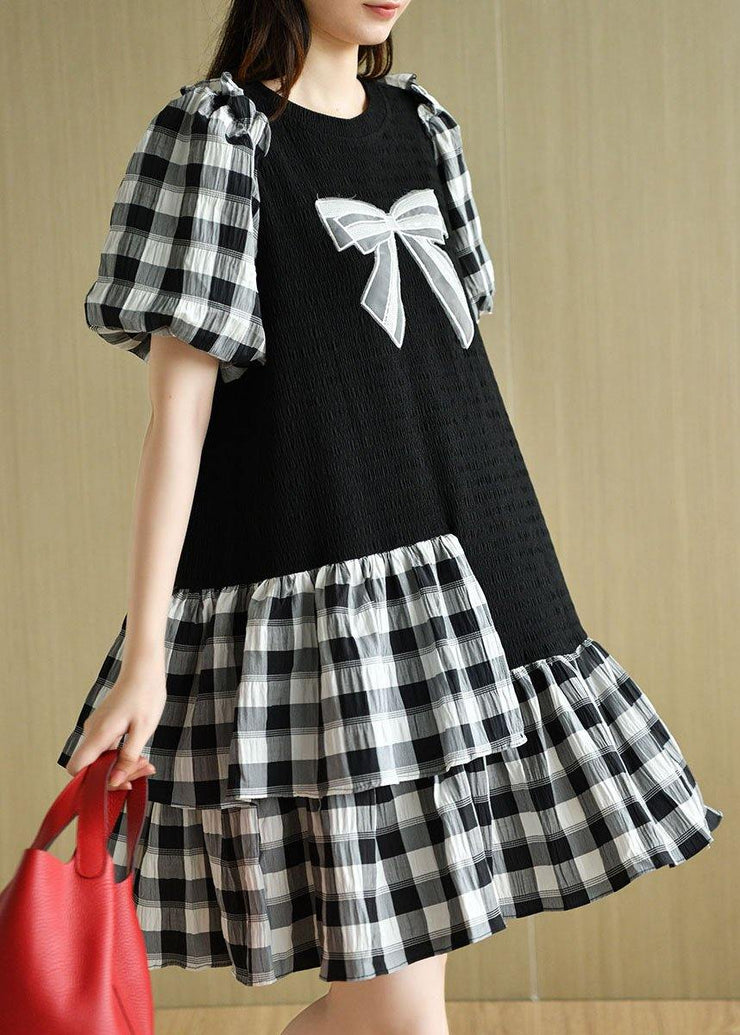 French Black Patchwork Plaid Summer Puff Sleeve Dresses - bagstylebliss