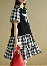 French Black Patchwork Plaid Summer Puff Sleeve Dresses - bagstylebliss