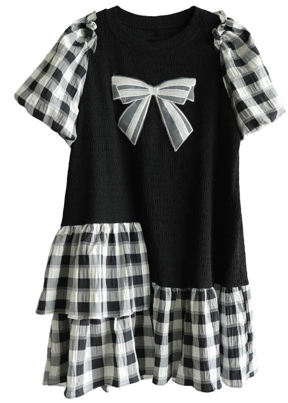 French Black Patchwork Plaid Summer Puff Sleeve Dresses - bagstylebliss