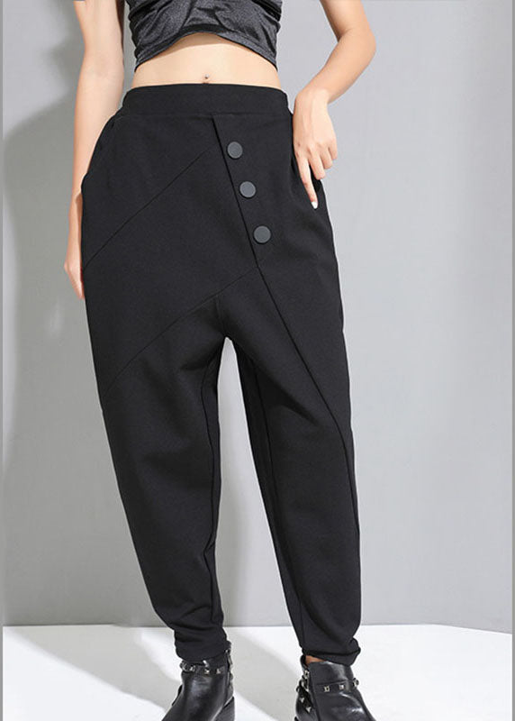 French Black Patchwork Pockets Button Casual Fall Harem Pants