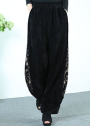 French Black Patchwork Print Corduroy Pants Winter