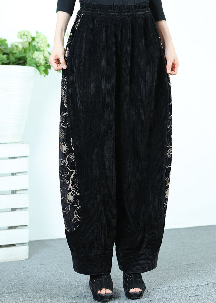 French Black Patchwork Print Corduroy Pants Winter