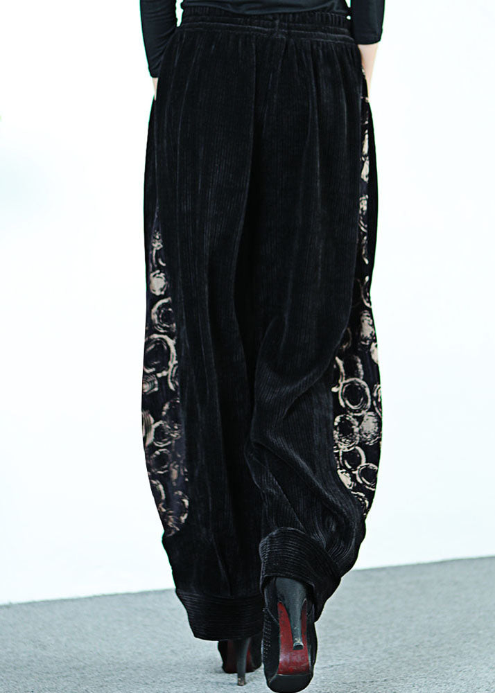 French Black Patchwork Print Corduroy Pants Winter