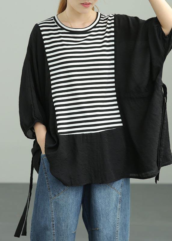 French Black Patchwork Striped Cotton Tee Summer - bagstylebliss
