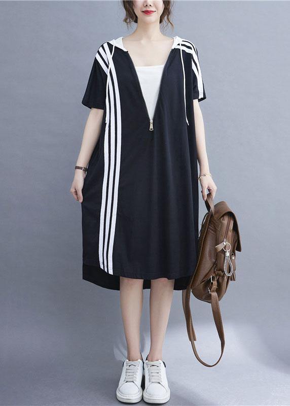 French Black Patchwork Striped low high design Ankle Dress Summer - bagstylebliss
