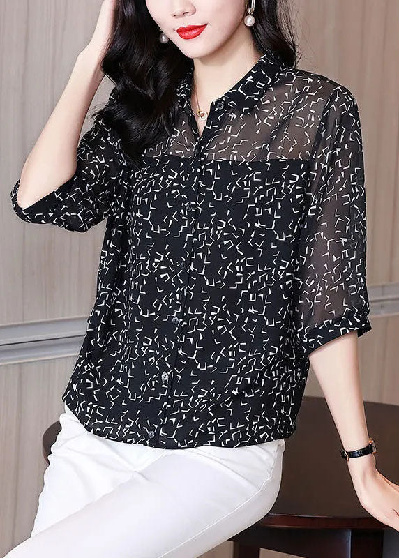 French Black Peter Pan Collar Letter Print Chiffon Shirt Tops Half Sleeve