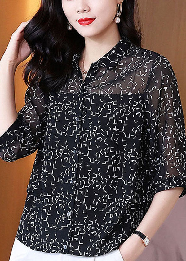 French Black Peter Pan Collar Letter Print Chiffon Shirt Tops Half Sleeve