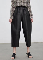 French Black Pockets Elastic Waist Sheepskin Crop Pants Spring