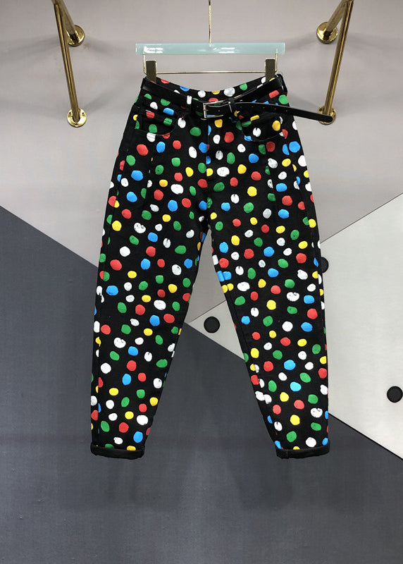 French Black Pockets Multi Dot Print Patchwork Denim Pants Fall