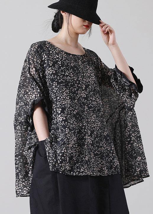 French Black Print Batwing Sleeve Cotton Shirt Top Short Sleeve Summer - bagstylebliss