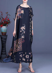 French Black Print Side open Silk Long Dress Summer - bagstylebliss