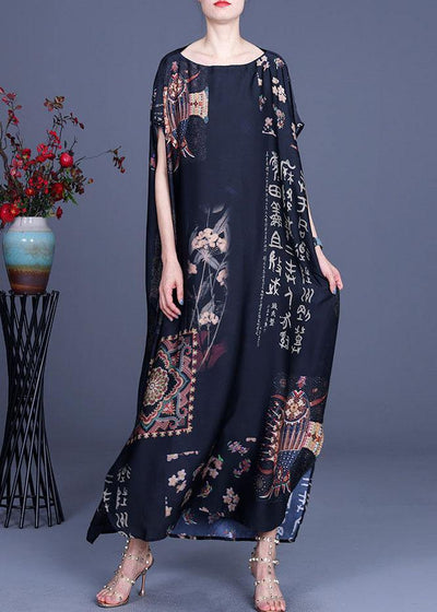 French Black Print Side open Silk Long Dress Summer - bagstylebliss