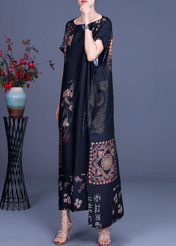 French Black Print Side open Silk Long Dress Summer - bagstylebliss