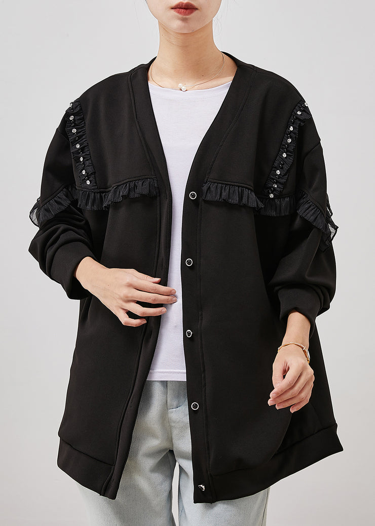 French Black Ruffled Patchwork Cotton Coats Spring