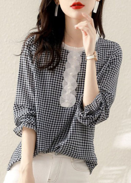 French Black Ruffled Plaid Cotton Shirt Spring