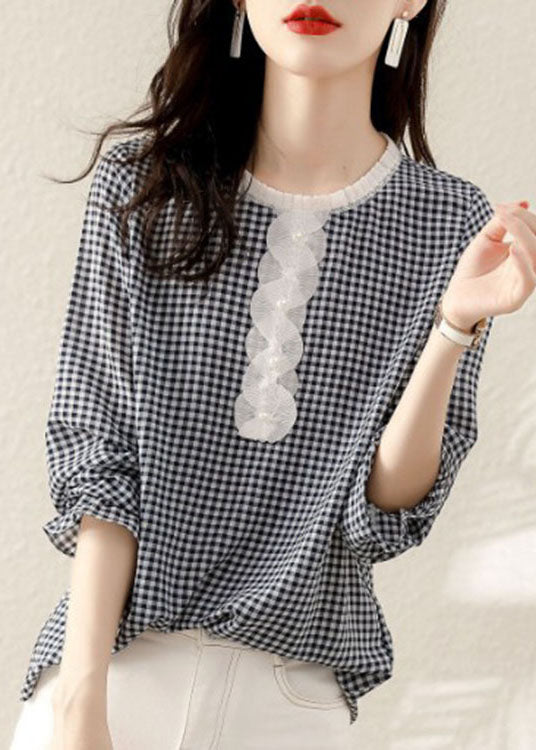 French Black Ruffled Plaid Cotton Shirt Spring