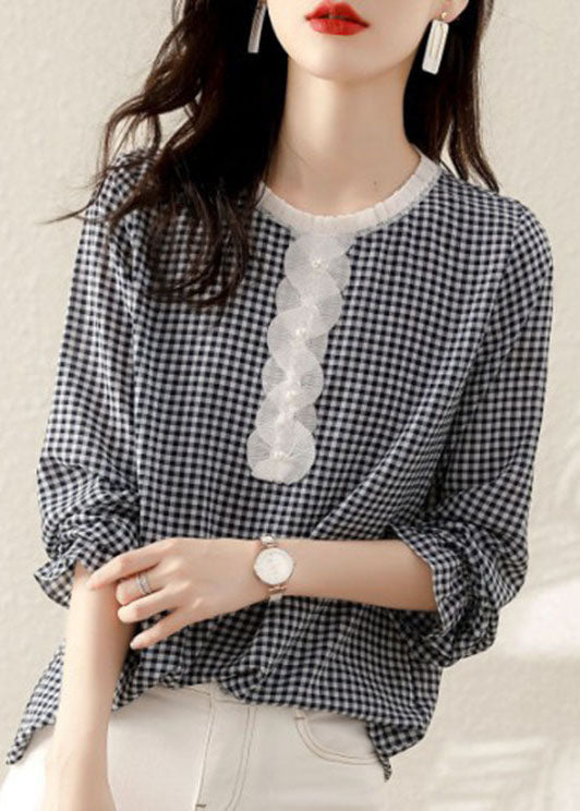 French Black Ruffled Plaid Cotton Shirt Spring