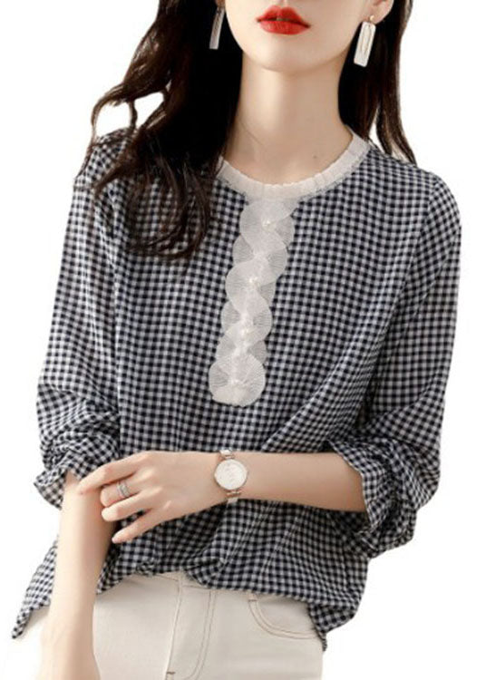 French Black Ruffled Plaid Cotton Shirt Spring