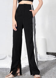 French Black Side Open Striped Pants High Waist