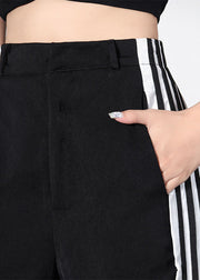 French Black Side Open Striped Pants High Waist