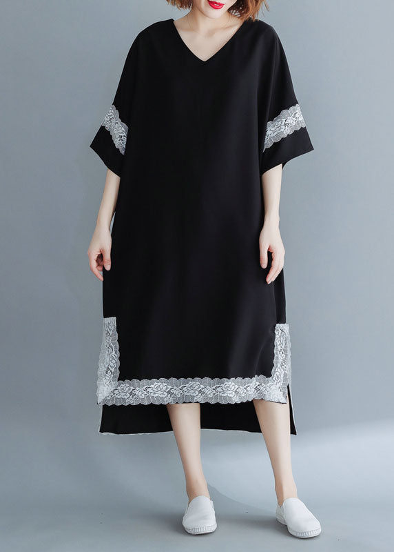 French Black Side Open V Neck Lace Patchwork Chiffon Dresses Short Sleeve