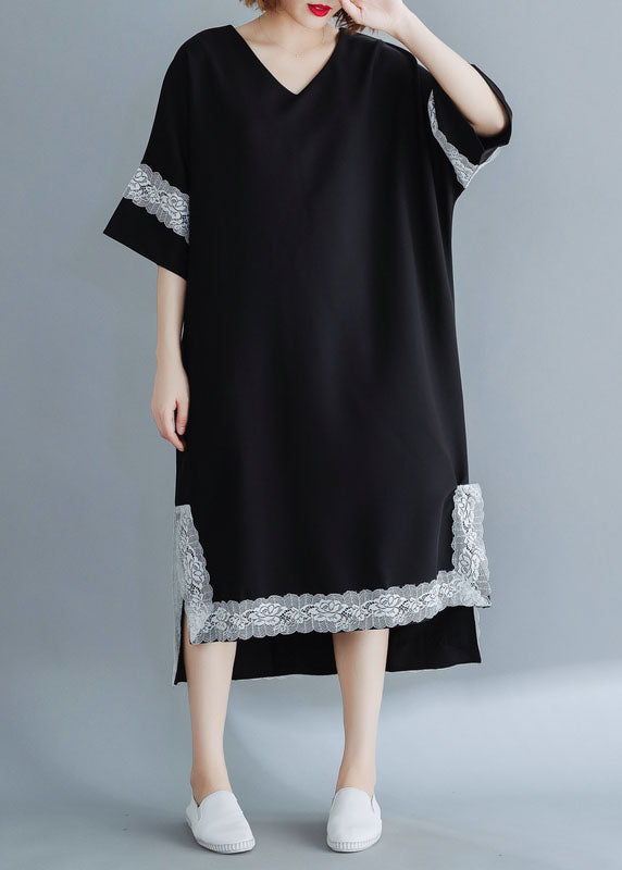 French Black Side Open V Neck Lace Patchwork Chiffon Dresses Short Sleeve