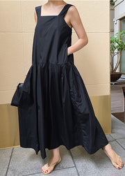 Französisches schwarzes Slash Neck Pockets zerknittertes langes Kleid aus Baumwolle, ärmellos