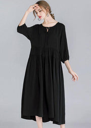 French Black Solid Patchwork Spring Three Quarter Sleeve Long Dresses - bagstylebliss