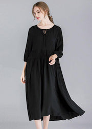 French Black Solid Patchwork Spring Three Quarter Sleeve Long Dresses - bagstylebliss