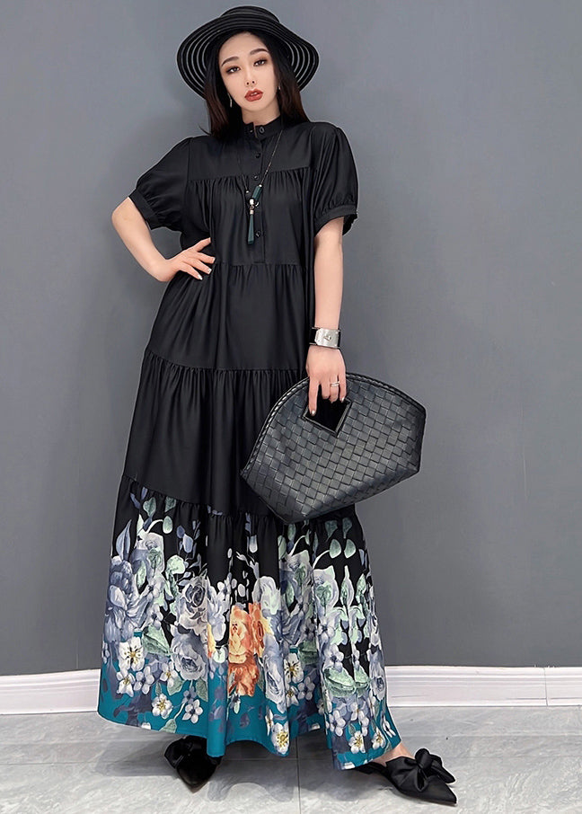 French Black Stand Collar Floral Print Wrinkled Patchwork Cotton Long Dress Short Sleeve